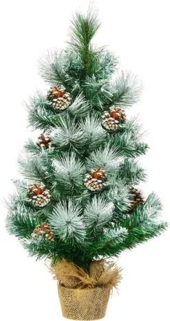 COSTWAY 60cm Künstlicher Mini Weihnachtsbaum, Tisch Tannenbaum Mit Zementbasis, Schneebedeckter Christbaum Mit Kiefernzapfen, Kunstbaum Weihnachten 34 Spitzen PVC Nadeln, Grün