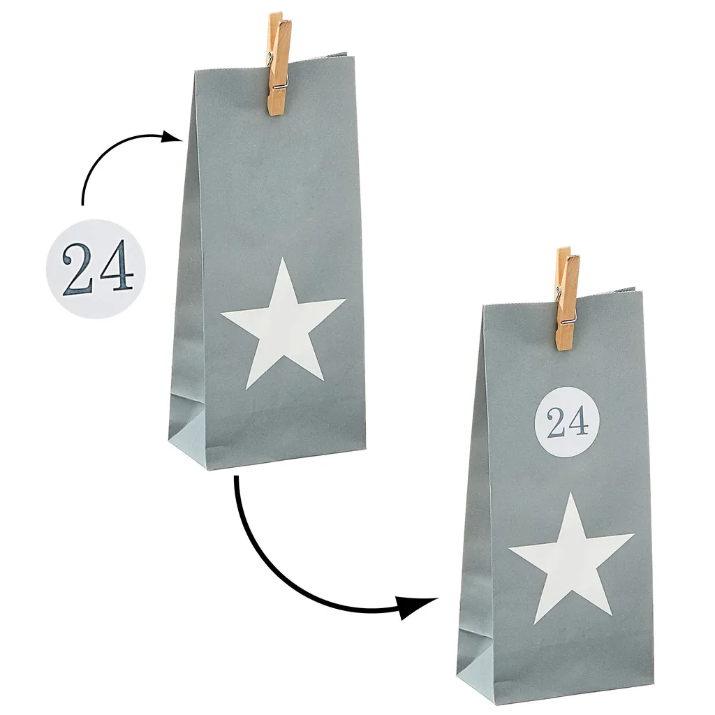 Adventskalender Zum Befüllen Stern 24 Papiertüten Aufkleber Zahlen Bastelset 72tlg. Wäscheklammern 8 Adventskalender Zum Befüllen Stern 24 Papiertüten Aufkleber Zahlen Bastelset 72tlg. Wäscheklammern – Bild 8