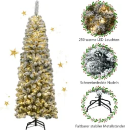 COSTWAY 180cm Bleistift Weihnachtsbaum Mit Schnee Und 250 Warmweißen LED-Leuchten, Künstlicher Tannenbaum Mit Metallständer, Christbaum 500 Spitzen PVC Nadeln, Kunstbaum Weihnachten Klappsystem Grün -Künstliche Weihnachtsbäume das Geschäft 0fa9b5115a6b3e09e906ffbd5c0571d7