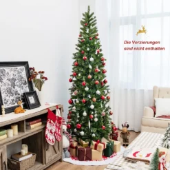 COSTWAY 225 Cm Künstlicher Weihnachtsbaum Bleistift, LED Beleuchteter Tannenbaum, Christbaum Für Weihnachten, Grün