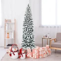 COSTWAY 225cm Bleistift Weihnachtsbaum Mit Schnee, Künstlicher Tannenbaum Mit Metallständer, Christbaum PVC Nadeln, Kunstbaum Weihnachten Klappsystem Grün
