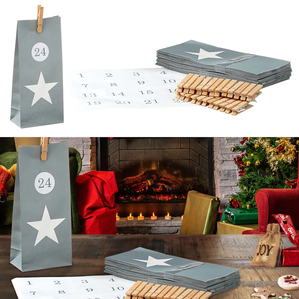 Adventskalender Zum Befüllen Stern 24 Papiertüten Aufkleber Zahlen Bastelset 72tlg. Wäscheklammern 10 Adventskalender Zum Befüllen Stern 24 Papiertüten Aufkleber Zahlen Bastelset 72tlg. Wäscheklammern – Bild 10