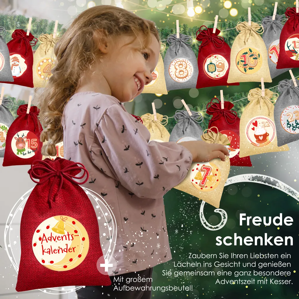 KESSER® Adventskalender Zum Befüllen 24 Jutebeutel Gedruckte Stoffbeutel Kinder Weihnachtskalender Zum Selber Befüllen Inkl.. 24x Schildchen + 1 Großer Aufbewahrungsbeutel Stoff, Farbe:Rot, Größe:16x12cm 4 KESSER® Adventskalender Zum Befüllen 24 Jutebeutel Gedruckte Stoffbeutel Kinder Weihnachtskalender Zum Selber Befüllen Inkl.. 24x Schildchen + 1 Großer Aufbewahrungsbeutel Stoff, Farbe:Rot, Größe:16x12cm – Bild 4