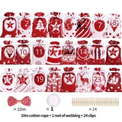 24 Stück Adventskalender Zum Befüllen Weihnachtskalender Weihnachten Säckchen,Adventskalender 2022, Rot