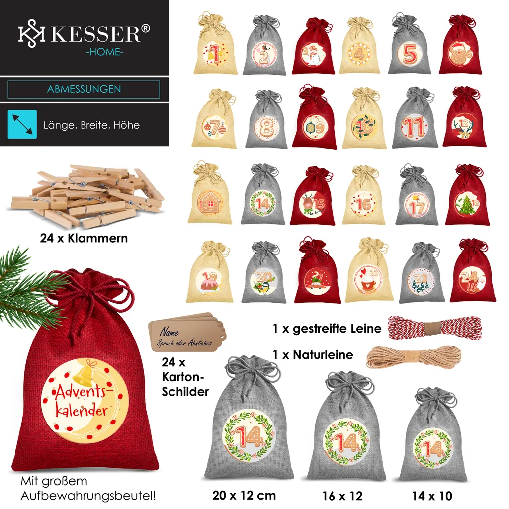 KESSER® Adventskalender Zum Befüllen 24 Jutebeutel Gedruckte Stoffbeutel Kinder Weihnachtskalender Zum Selber Befüllen Inkl.. 24x Schildchen + 1 Großer Aufbewahrungsbeutel Stoff, Farbe:Rot, Größe:20x12cm 8 KESSER® Adventskalender Zum Befüllen 24 Jutebeutel Gedruckte Stoffbeutel Kinder Weihnachtskalender Zum Selber Befüllen Inkl.. 24x Schildchen + 1 Großer Aufbewahrungsbeutel Stoff, Farbe:Rot, Größe:20x12cm – Bild 8