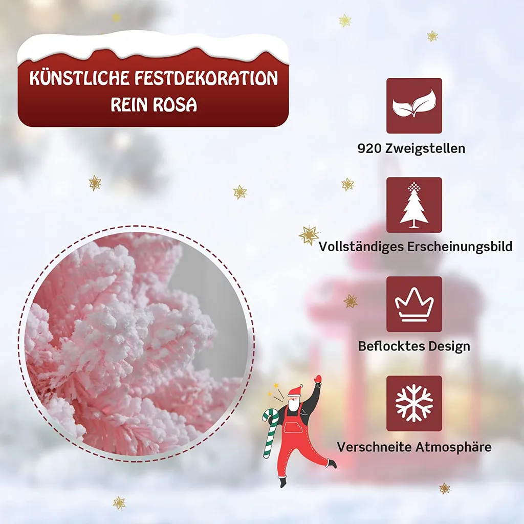 COSTWAY 180cm Verschneiter Weihnachtsbaum Rosa, Künstlicher Weihnachtsbaum Mit 920 Zweigen, Metallständer, Kiefernbaum Für Zuhause, Büro, Einkaufszentrum 3 COSTWAY 180cm Verschneiter Weihnachtsbaum Rosa, Künstlicher Weihnachtsbaum Mit 920 Zweigen, Metallständer, Kiefernbaum Für Zuhause, Büro, Einkaufszentrum – Bild 3