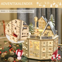 HOMCOM Weihnachts-Adventskalender Mit 24 Zugkästen Weihnachtskalender Mit LED-Lichtern Adventskalenderbox Sperrholz-Platte Naturholz 25 X 20 X 29 Cm -Künstliche Weihnachtsbäume das Geschäft 61fc226effec62ed6654ae567f07939a