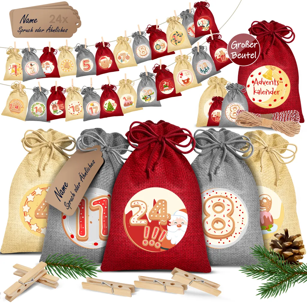 KESSER® Adventskalender Zum Befüllen 24 Jutebeutel Gedruckte Stoffbeutel Kinder Weihnachtskalender Zum Selber Befüllen Inkl.. 24x Schildchen + 1 Großer Aufbewahrungsbeutel Stoff, Farbe:Rot, Größe:16x12cm 2 KESSER® Adventskalender Zum Befüllen 24 Jutebeutel Gedruckte Stoffbeutel Kinder Weihnachtskalender Zum Selber Befüllen Inkl.. 24x Schildchen + 1 Großer Aufbewahrungsbeutel Stoff, Farbe:Rot, Größe:16x12cm – Bild 2