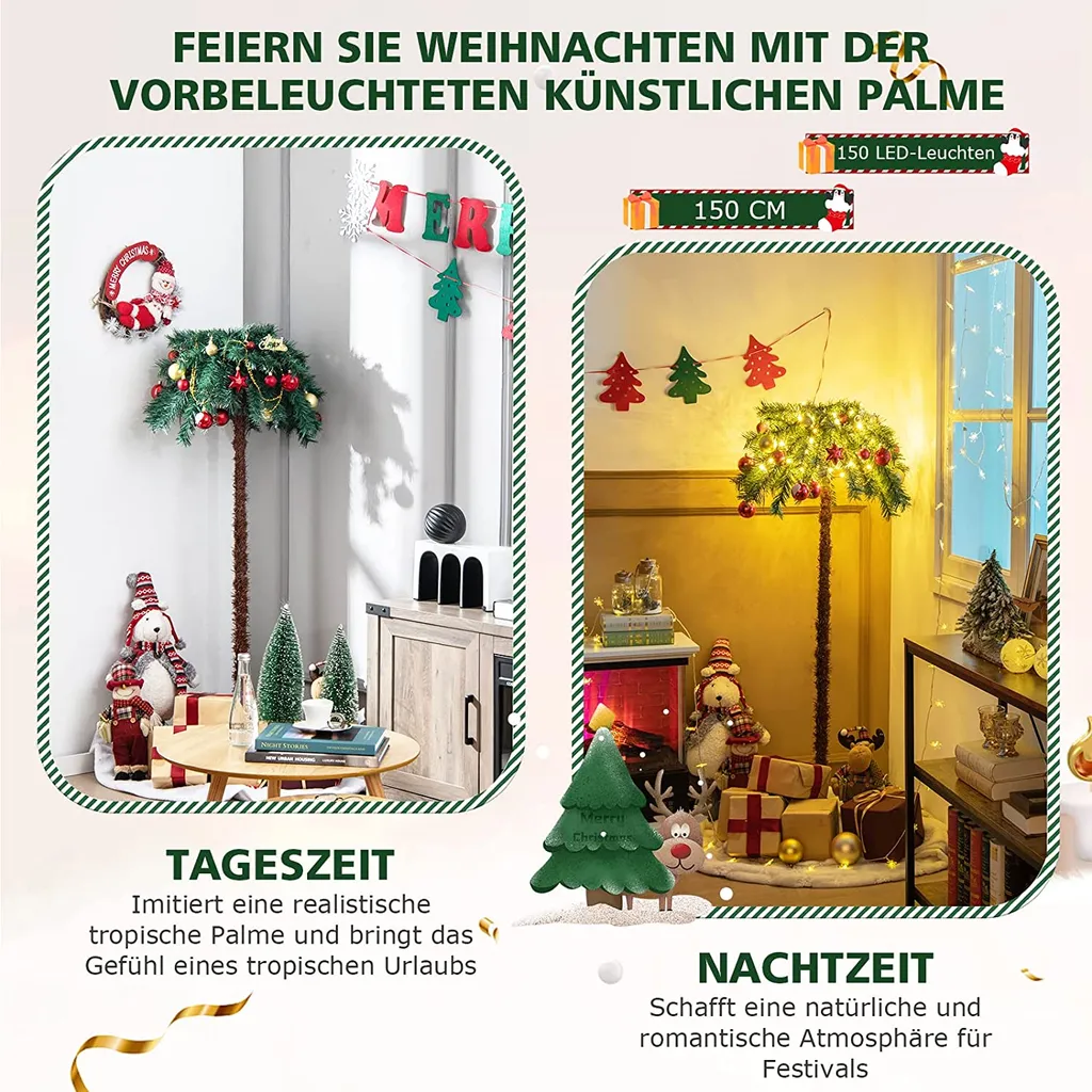 COSTWAY 150 Cm Künstliche Palme Beleuchtet, Kunstbaum Mit 150 LED-Lichtern In Warmweiß, LED Baum Mit 63 Spitzen & Metallständer, Lichterbaum Für Weihnachten & Terrasse, Innen- Und Außendekoration 2 COSTWAY 150 Cm Künstliche Palme Beleuchtet, Kunstbaum Mit 150 LED-Lichtern In Warmweiß, LED Baum Mit 63 Spitzen & Metallständer, Lichterbaum Für Weihnachten & Terrasse, Innen- Und Außendekoration – Bild 2