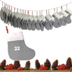 JEMIDI Adventskalender Kette - 24 Stoffsäckchen Zum Befüllen - Weihnachtskalender Kette Mit Beschrifteten Filzstiefelchen Zum Aufhängen - Grau
