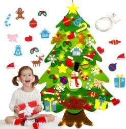 Filz Weihnachtsbaum,DIY Weihnachtsbaum 3.2ft DIY Weihnachten Set Hängend Nachbildung Für Kinder Weihnachten Geschenk Mit 50 LED Lichter, 32PCS Verzierung LED Weihnachtsbaum DIY