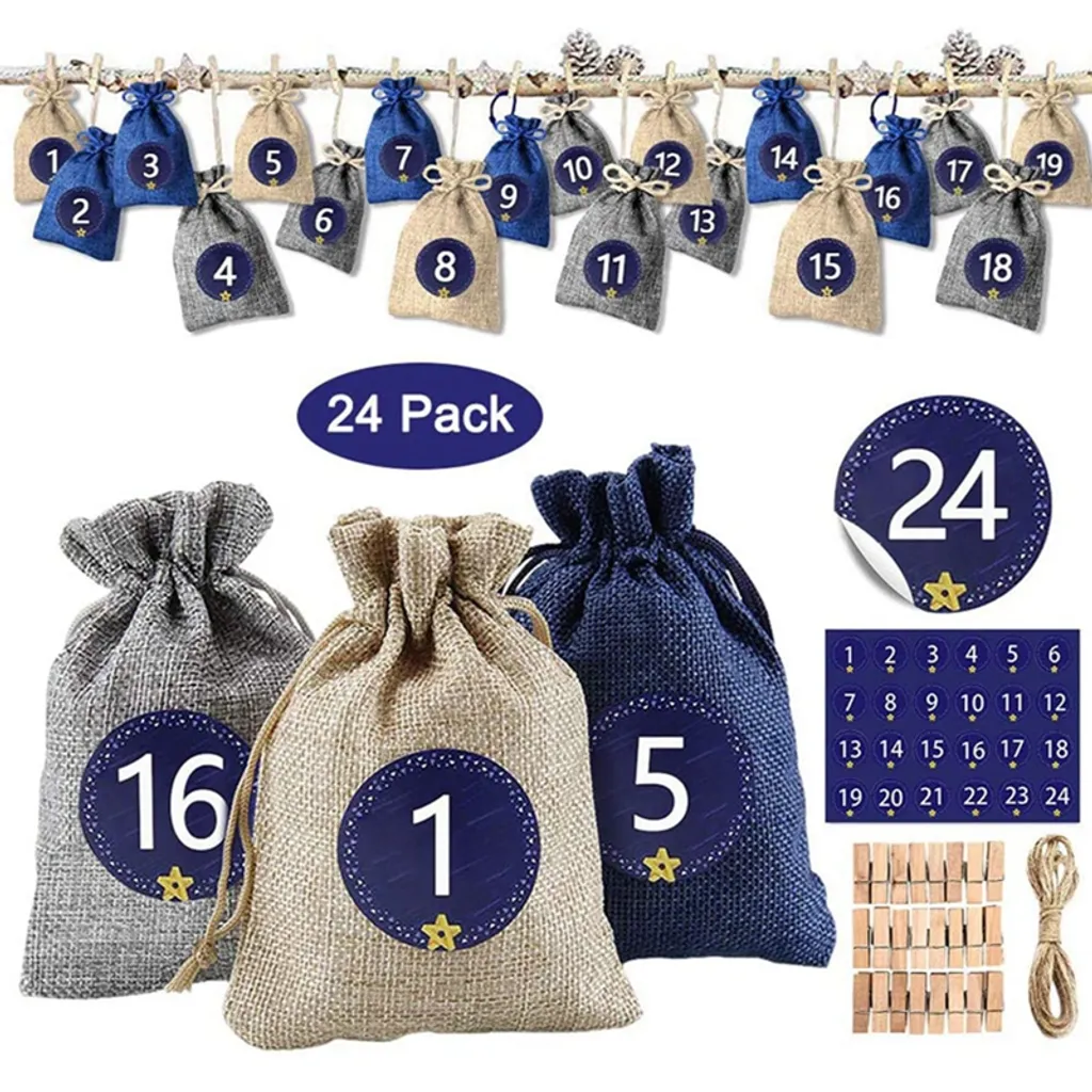 Adventskalender Zum Befüllen 24 Geschenktüten + 24 Aufkleber Stoffbeutel DIY 1 Adventskalender Zum Befüllen 24 Geschenktüten + 24 Aufkleber Stoffbeutel DIY