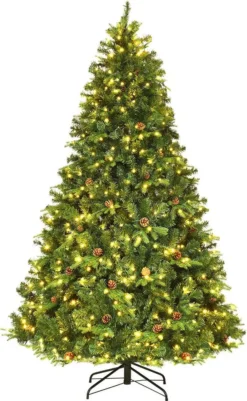 COSTWAY 225cm LED Künstlicher Weihnachtsbaum, Christbaum Mit Klappsystem Und Metallständer, Tannenbaum Geschmückt, Kunstbaum Weihnachten Ideal Für Zuhause, Büro, Geschäfte Und Hotels