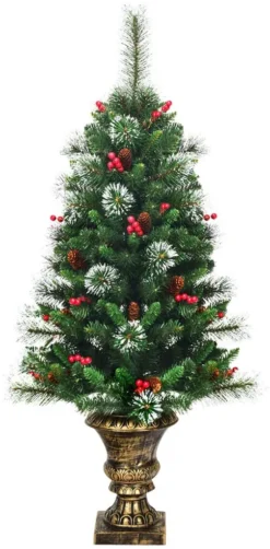 COSTWAY 120cm Künstlicher Weihnachtsbaum Im Topf, Schneebedeckter Tannenbaum Mit Kiefernzapfen & Roten Beeren, Christbaum 193 Spitzen PVC Nadeln, Kunstbaum Weihnachten Für Eingangsbereich, Grün