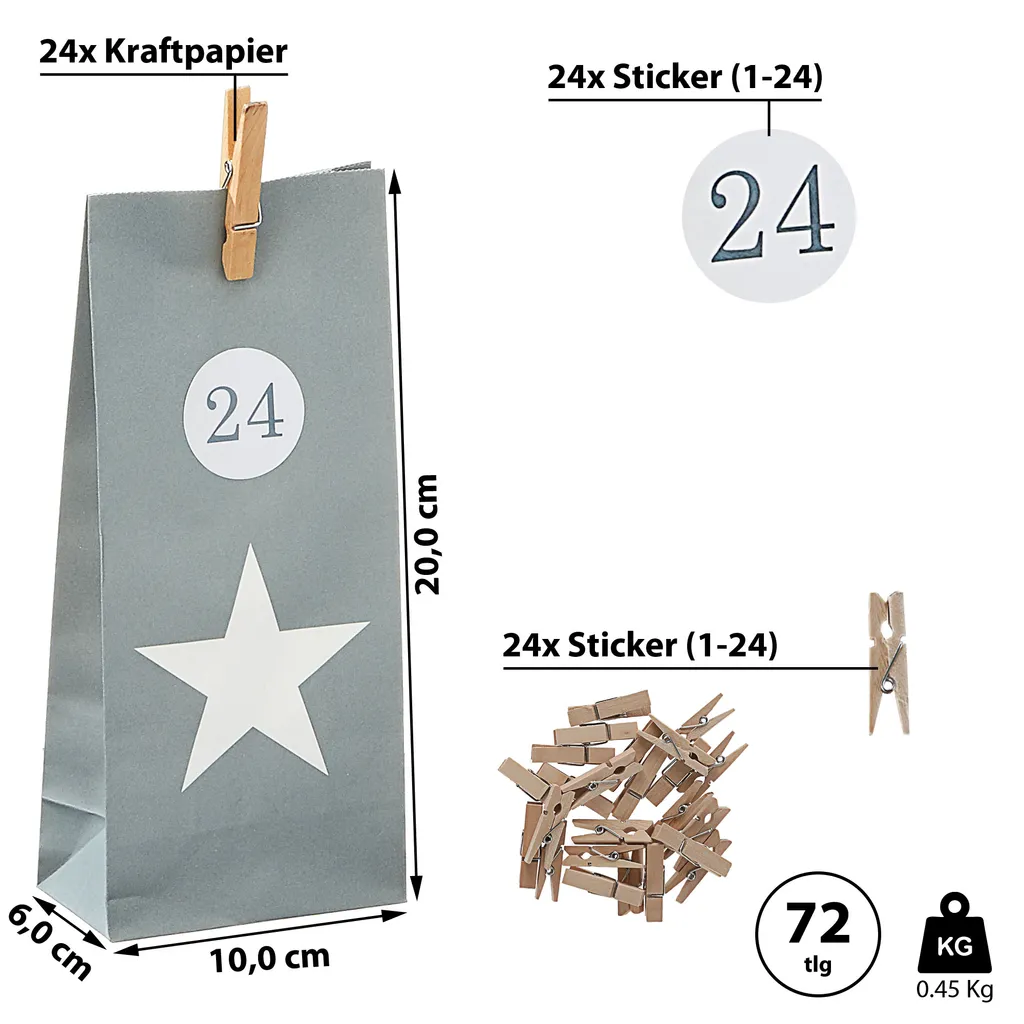 Adventskalender Zum Befüllen Stern 24 Papiertüten Aufkleber Zahlen Bastelset 72tlg. Wäscheklammern 6 Adventskalender Zum Befüllen Stern 24 Papiertüten Aufkleber Zahlen Bastelset 72tlg. Wäscheklammern – Bild 6