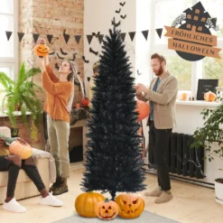 COSTWAY 210cm Bleistift Weihnachtsbaum, Bleistiftbaum Schwarz, Künstlicher Tannenbaum Mit Klappsystem Und Metallständer, Christbaum PVC Nadeln, Kunstbaum