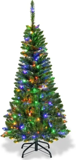 COSTWAY 200cm Bleistift Weihnachtsbaum Mit Mehrfarbigen LED-Leuchten, Künstlicher Tannenbaum Mit Klappsystem Und Metallständer, Christbaum PVC Nadeln, Kunstbaum Weihnachten Grün