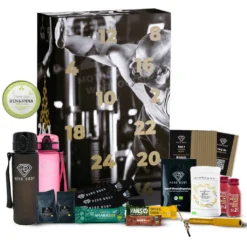 Fitness Adventskalender HERO BODY Proteinreiche Snacks, Fitness Tools, 24x Video Workouts