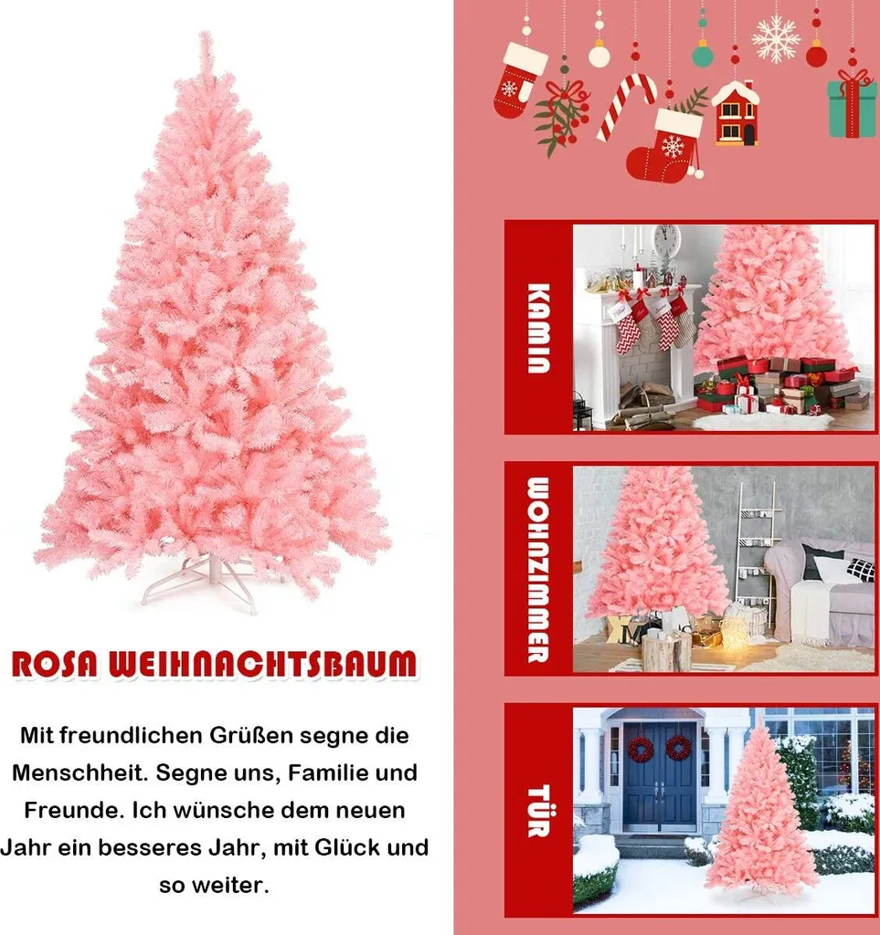 COSTWAY 180cm Künstlicher Weihnachtsbaum Rosa, Tannenbaum Mit Metallständer, Christbaum 1036 Spitzen PVC Spitzen, Kunstbaum Weihnachten Klappsystem Ideal Für Zuhause, Büro, Geschäfte Und Hotels 4 COSTWAY 180cm Künstlicher Weihnachtsbaum Rosa, Tannenbaum Mit Metallständer, Christbaum 1036 Spitzen PVC Spitzen, Kunstbaum Weihnachten Klappsystem Ideal Für Zuhause, Büro, Geschäfte Und Hotels – Bild 4