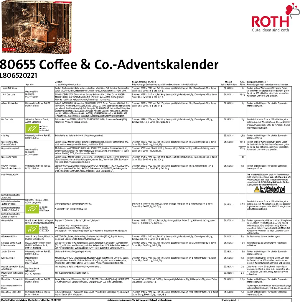 ROTH Kaffee-Adventskalender 'Coffee & Co.' 2022 Gefüllt Mit Kaffeegenuss Und Zubehör, Kaffeesorten-Kalender Zur Vorweihnachtszeit 4 ROTH Kaffee-Adventskalender 'Coffee & Co.' 2022 Gefüllt Mit Kaffeegenuss Und Zubehör, Kaffeesorten-Kalender Zur Vorweihnachtszeit – Bild 4