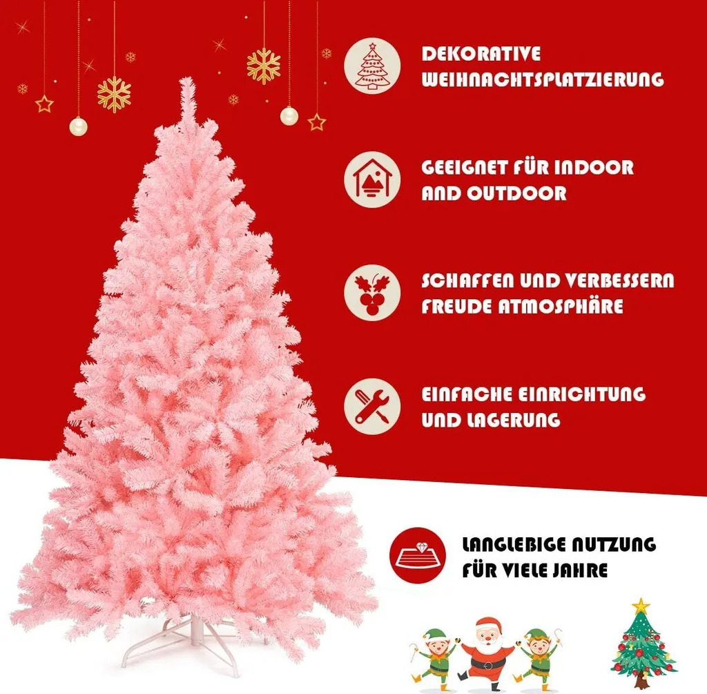 COSTWAY 180cm Künstlicher Weihnachtsbaum Rosa, Tannenbaum Mit Metallständer, Christbaum 1036 Spitzen PVC Spitzen, Kunstbaum Weihnachten Klappsystem Ideal Für Zuhause, Büro, Geschäfte Und Hotels 3 COSTWAY 180cm Künstlicher Weihnachtsbaum Rosa, Tannenbaum Mit Metallständer, Christbaum 1036 Spitzen PVC Spitzen, Kunstbaum Weihnachten Klappsystem Ideal Für Zuhause, Büro, Geschäfte Und Hotels – Bild 3