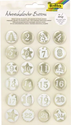 Folia Adventskalender-Buttons PERLMUTT Aus Blech 1 - 24 Weiß / Gold