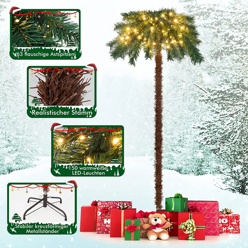 COSTWAY 150 Cm Künstliche Palme Beleuchtet, Kunstbaum Mit 150 LED-Lichtern In Warmweiß, LED Baum Mit 63 Spitzen & Metallständer, Lichterbaum Für Weihnachten & Terrasse, Innen- Und Außendekoration 3 COSTWAY 150 Cm Künstliche Palme Beleuchtet, Kunstbaum Mit 150 LED-Lichtern In Warmweiß, LED Baum Mit 63 Spitzen & Metallständer, Lichterbaum Für Weihnachten & Terrasse, Innen- Und Außendekoration – Bild 3